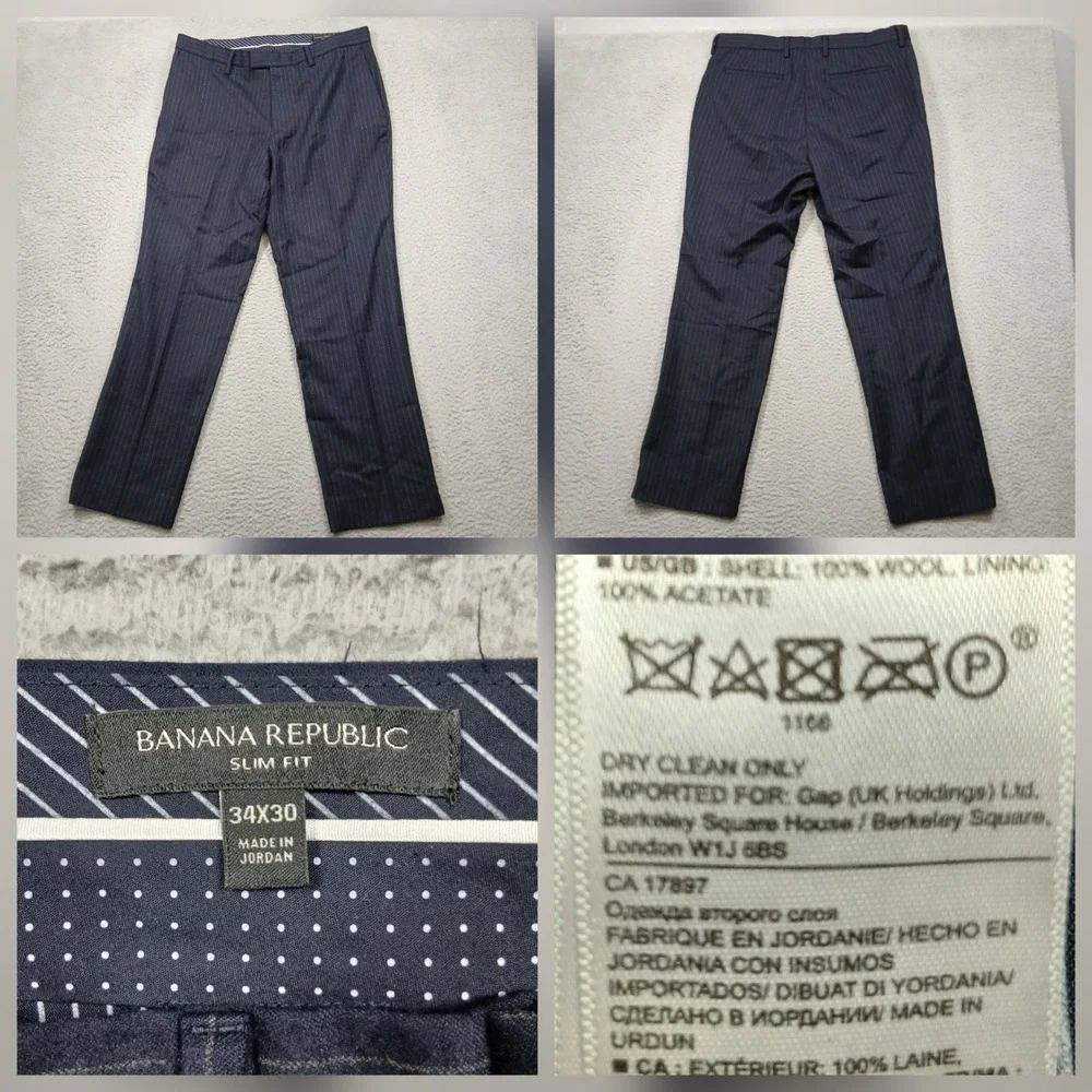 Banana Republic Wool Pinstripe‎ Dress Pants Men 34x30 Navy Slim Fit